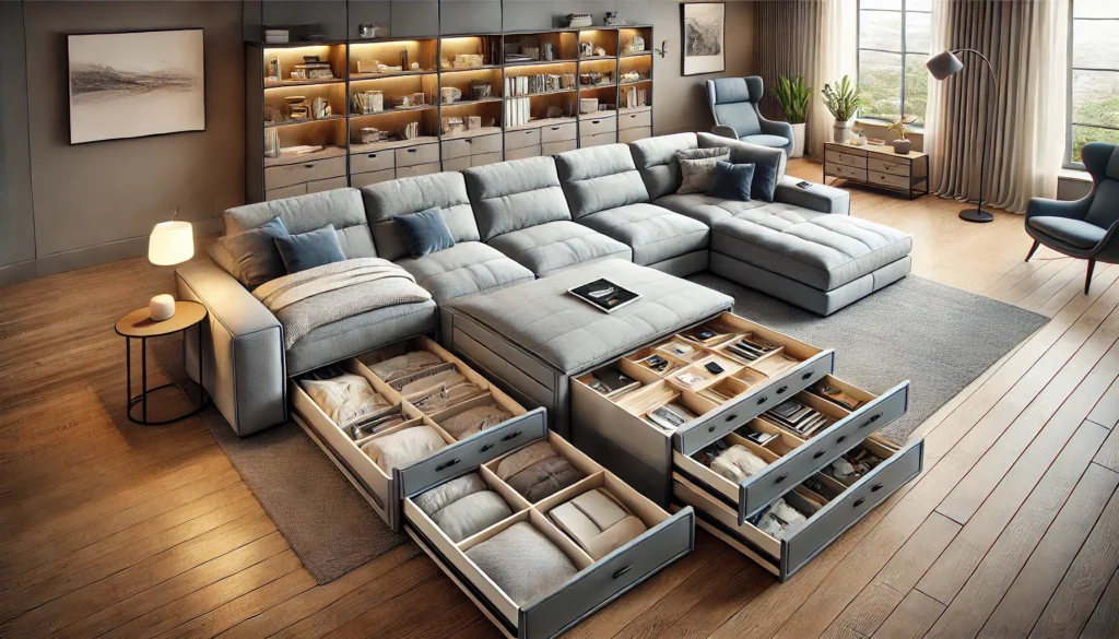 skladovací prostory sedací soupravy ve tvaru U