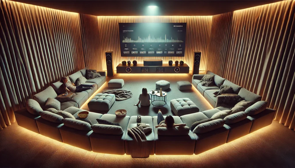 sledování televize ze sedačky ve tvaru U