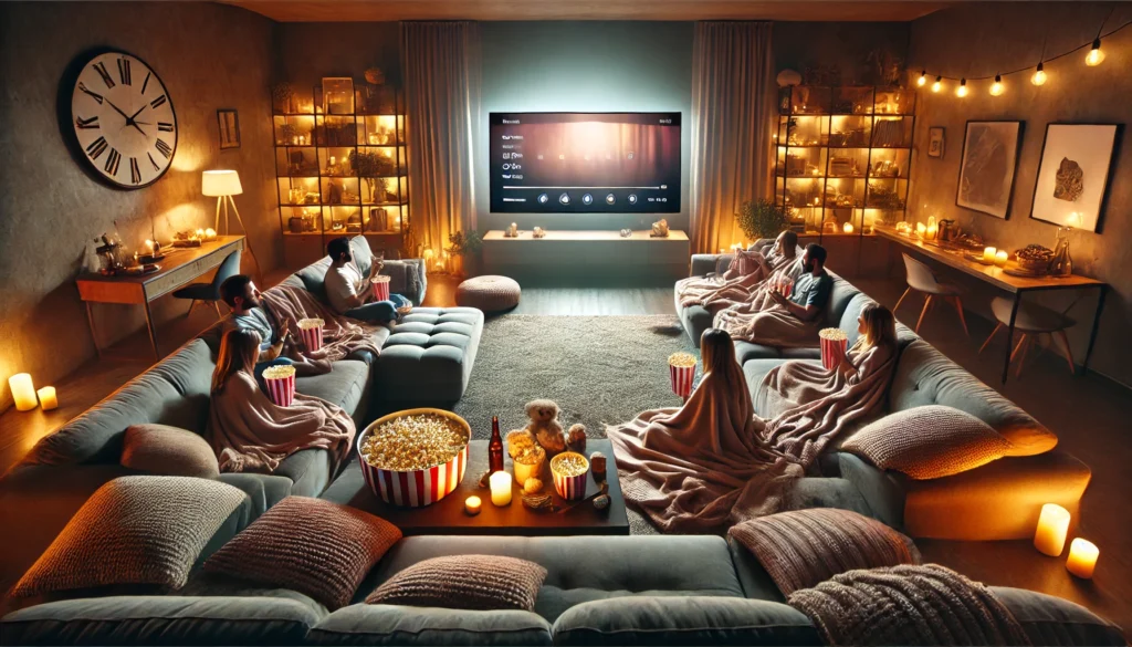 filmový večer na sedací soupravě ve tvaru U